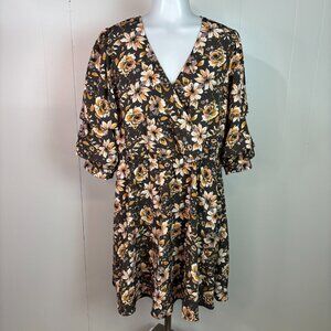 Maurices Dress XL Gray Orange Floral Elastic Waist V-Neck Women's NWT